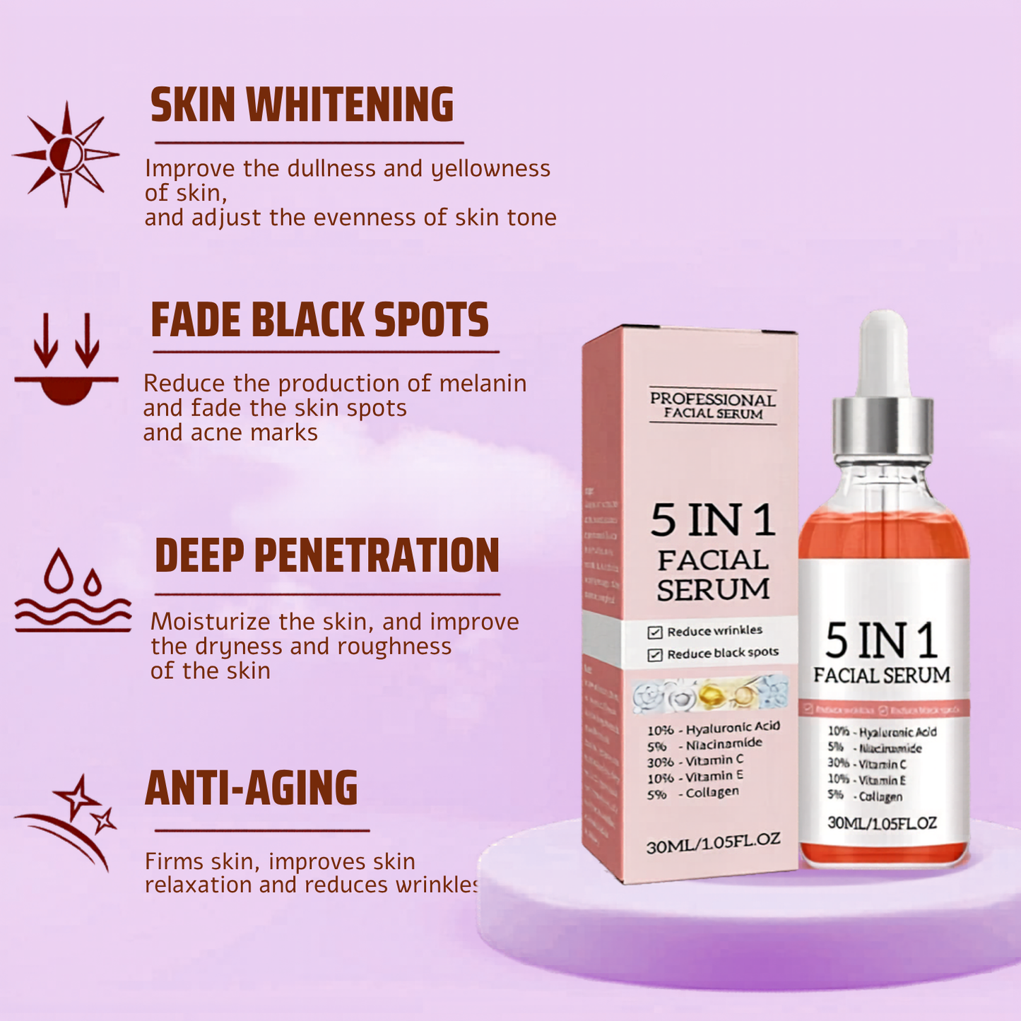 5-in-1 Radiance Serum. Hyaluronic Acid · Collagen · Niacinamide · Vitamin C & E