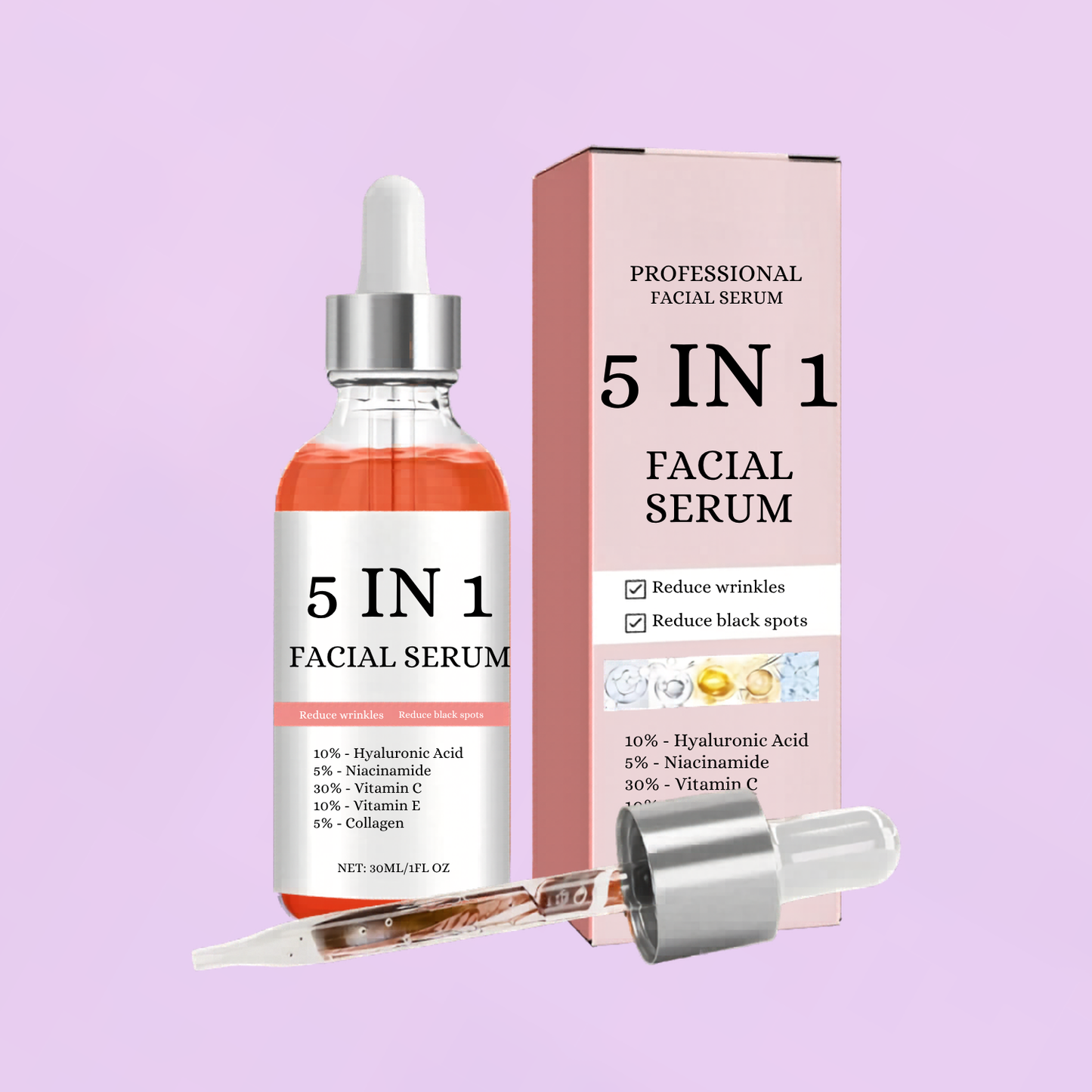 5-in-1 Radiance Serum. Hyaluronic Acid · Collagen · Niacinamide · Vitamin C & E